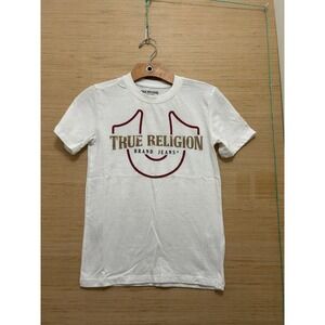 True Religion Boys White Graphic T-Shirt Horseshoe Logo Gold Metallic Size 12